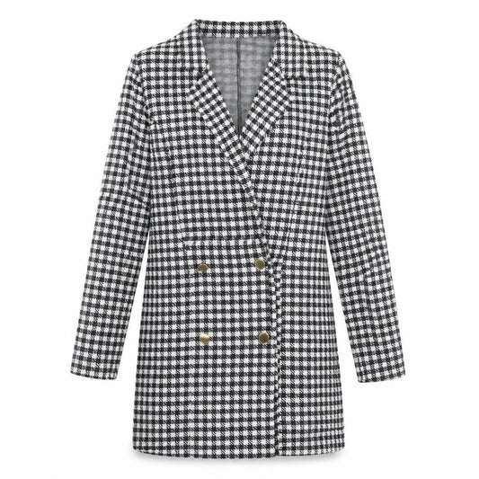 Front view of ASOS women’s black check polyester jacket dress, size UK 12, collared button