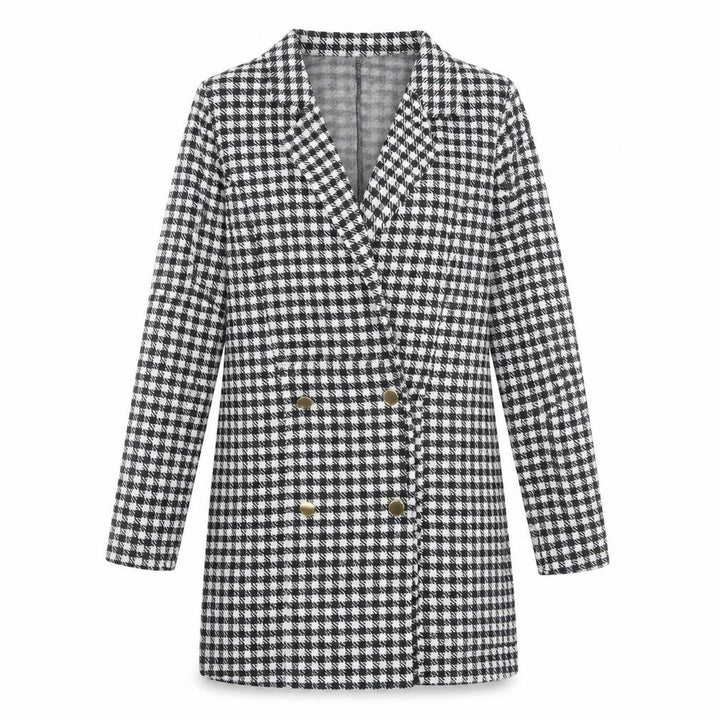Front view of ASOS women’s black check polyester jacket dress, size UK 12, collared button