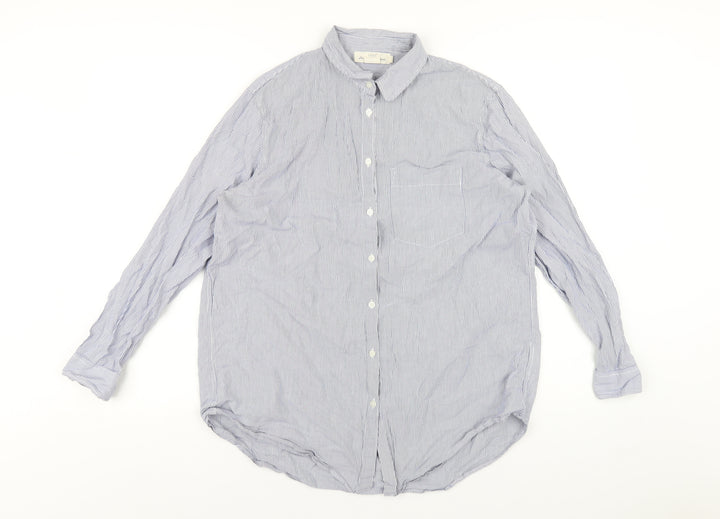 H&M Womens Blue Striped Cotton Basic Button-Up Size 10 Collared
