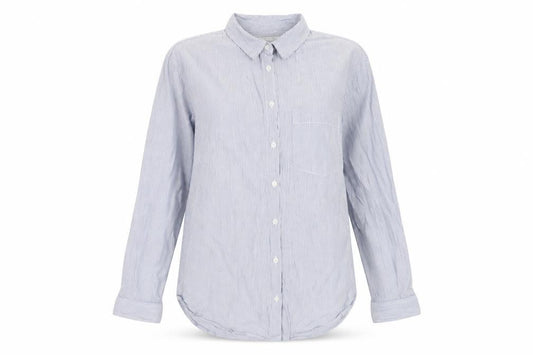 Front view of H&M women’s blue striped cotton basic button-up, size UK 10, collared