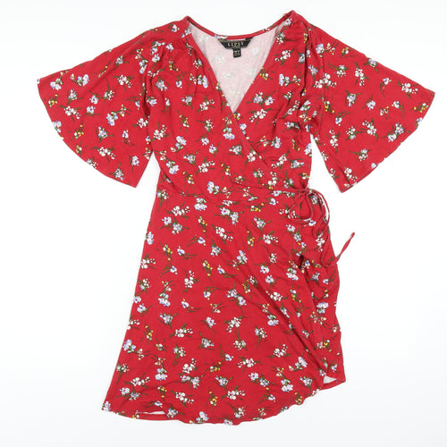 Lipsy Womens Red Floral Viscose Wrap Dress Size 12 V-Neck Tie
