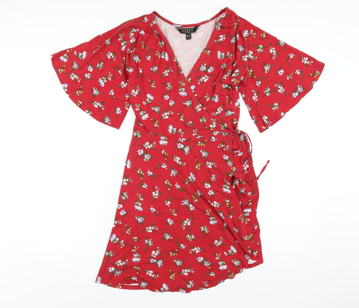 Lipsy Womens Red Floral Viscose Wrap Dress Size 12 V-Neck Tie