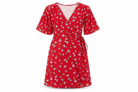 Front view of Lipsy women’s red floral viscose wrap dress, size UK 12, v-neck tie