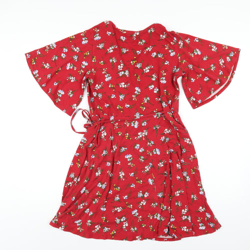 Lipsy Womens Red Floral Viscose Wrap Dress Size 12 V-Neck Tie