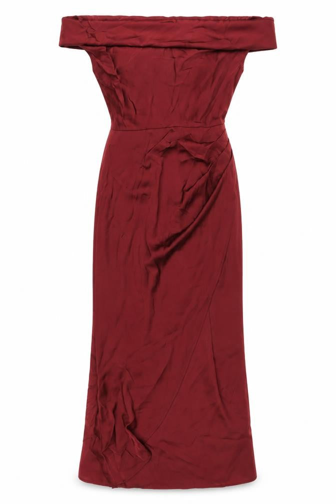 Front view of PRETTYLITTLETHING women’s red polyester maxi, size UK 12, off the shoulder zip