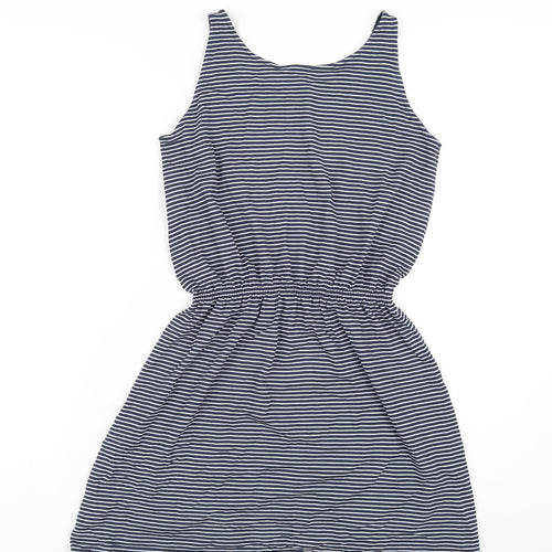 John Lewis Girls Blue Striped Vinyl Tank Dress Size 14 Years Scoop Neck Button
