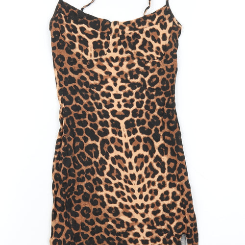 PRETTYLITTLETHING Womens Brown Animal Print Viscose Bodycon Size 2 V-Neck Pullover - Leopard Print