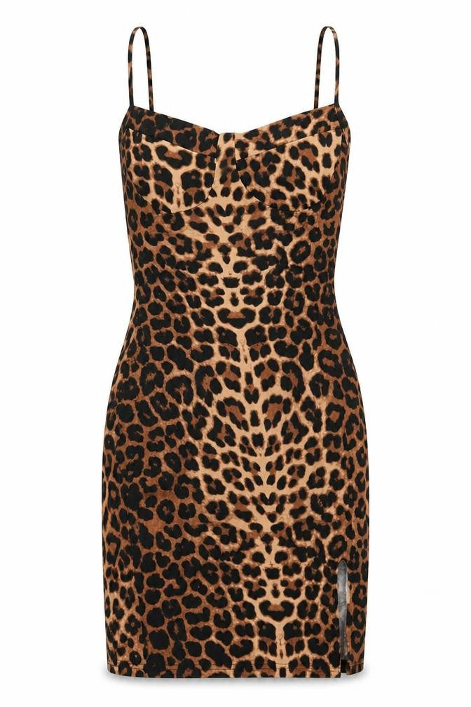 Front view of PRETTYLITTLETHING women’s brown animal print viscose bodycon, size UK 2, v-neck pullover - leopard print