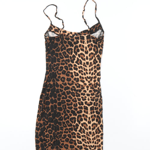 PRETTYLITTLETHING Womens Brown Animal Print Viscose Bodycon Size 2 V-Neck Pullover - Leopard Print
