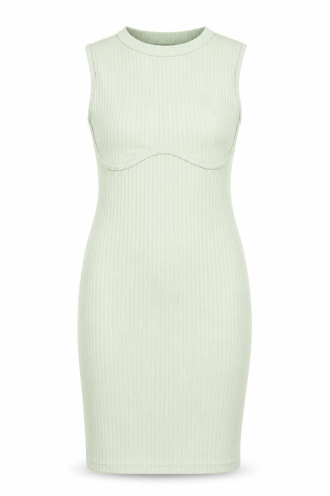 Front view of PRETTYLITTLETHING women’s green polyester bodycon, size UK 12, mock neck pullover
