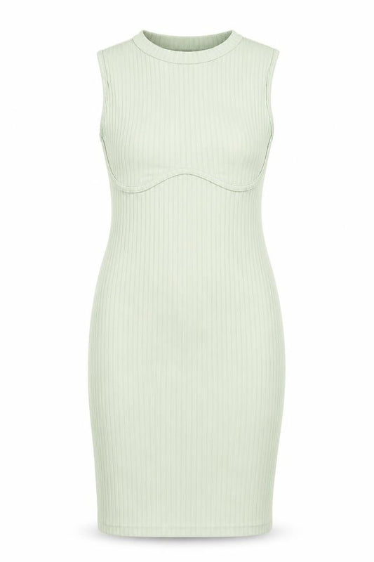 Front view of PRETTYLITTLETHING women’s green polyester bodycon, size UK 12, mock neck pullover