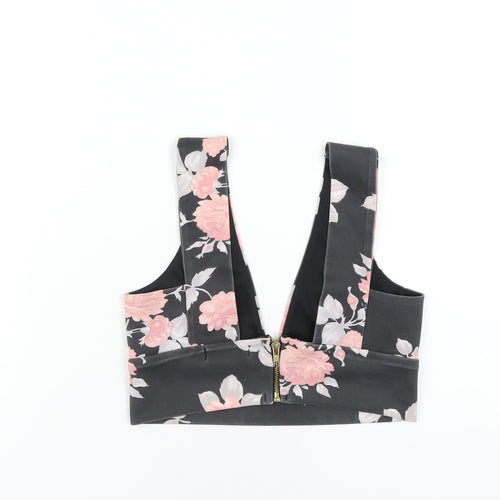 Missguided Womens Grey Floral Polyester Cropped T-Shirt Size 10 V-Neck
