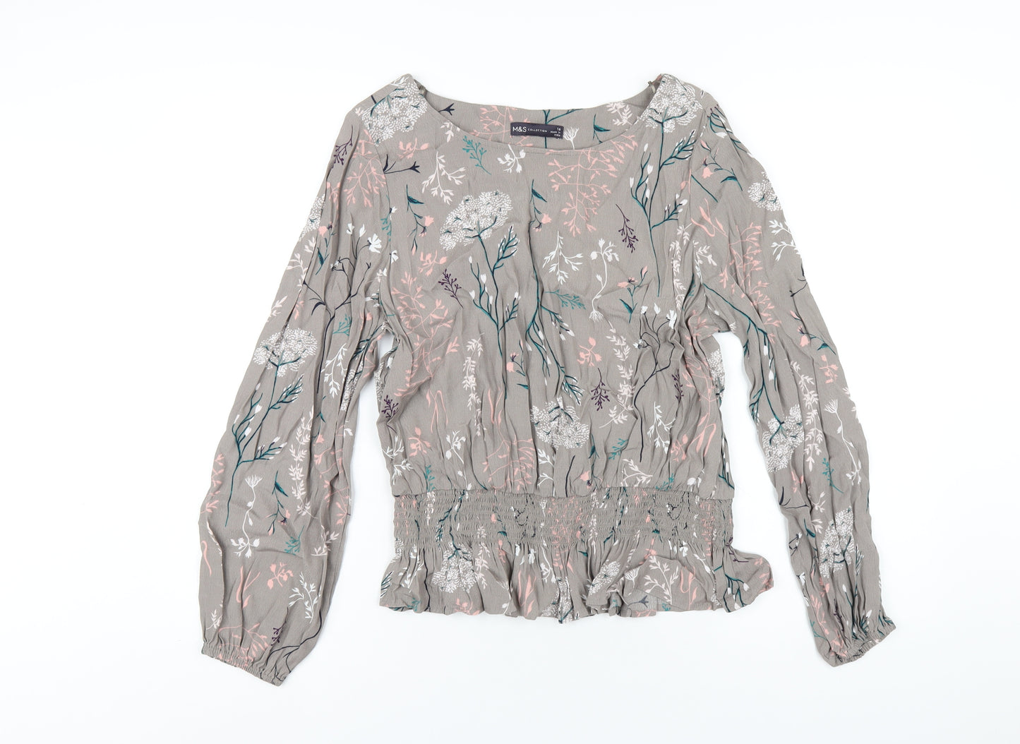 Marks and Spencer Womens Grey Floral Viscose Basic T-Shirt Size 16 Round Neck