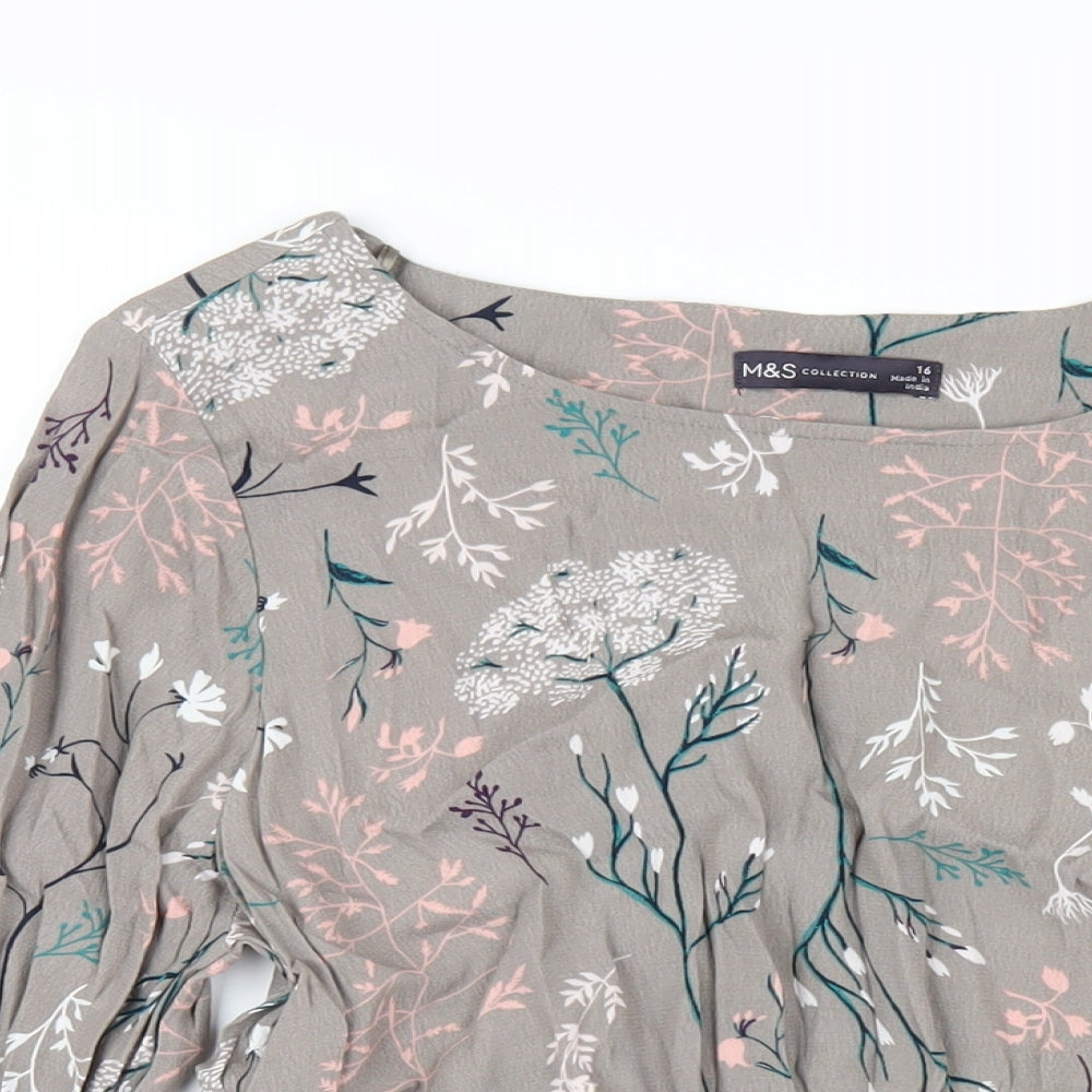 Marks and Spencer Womens Grey Floral Viscose Basic T-Shirt Size 16 Round Neck