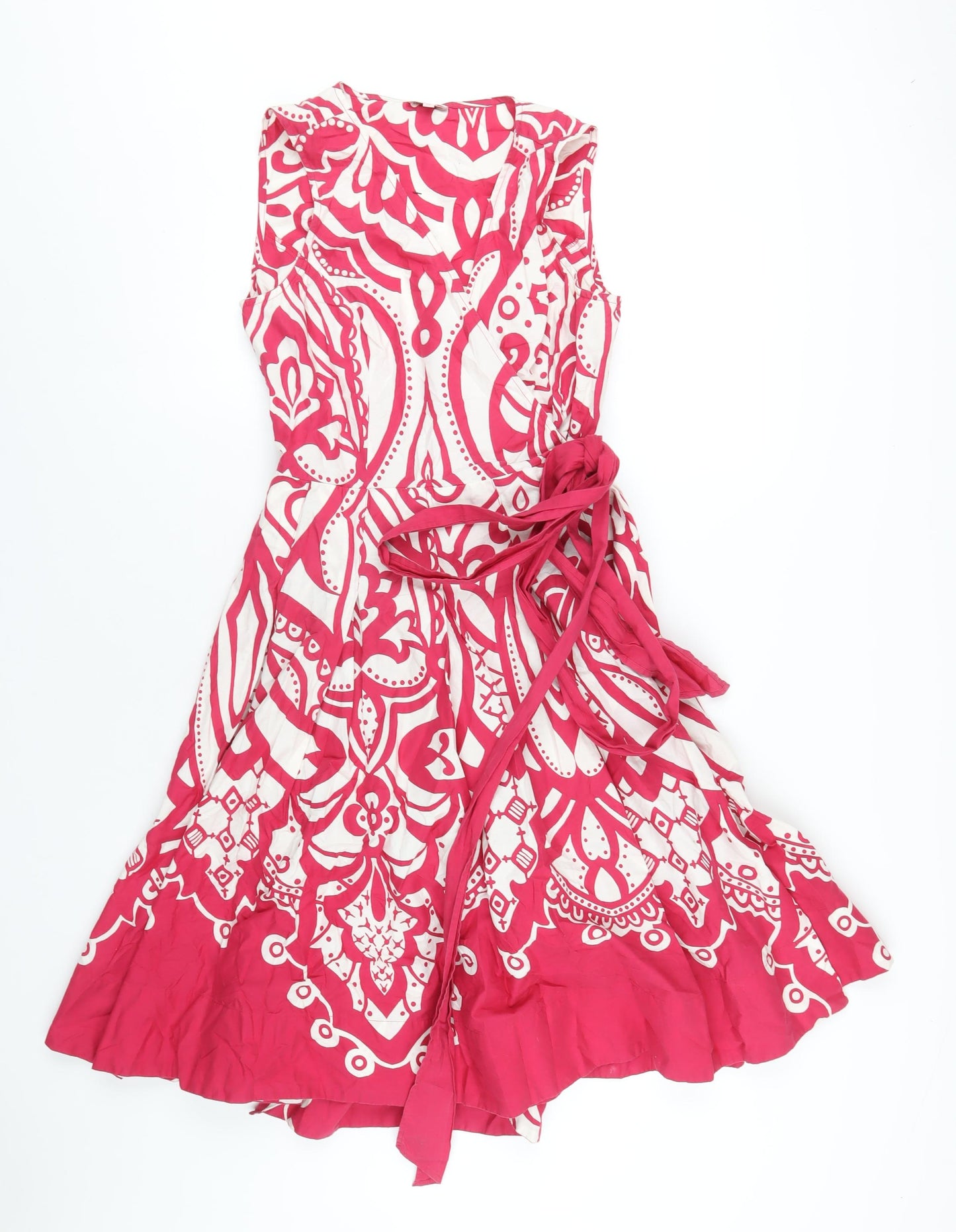 Phase Eight Womens Pink Geometric Cotton Wrap Dress Size 12 V-Neck Tie