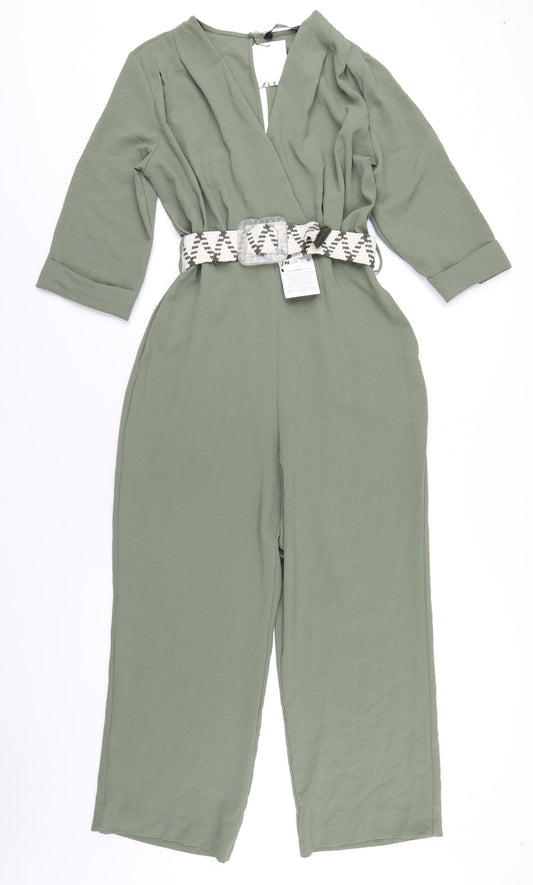 Zara Womens Green Polyester Jumpsuit One-Piece Size S L28 in Button