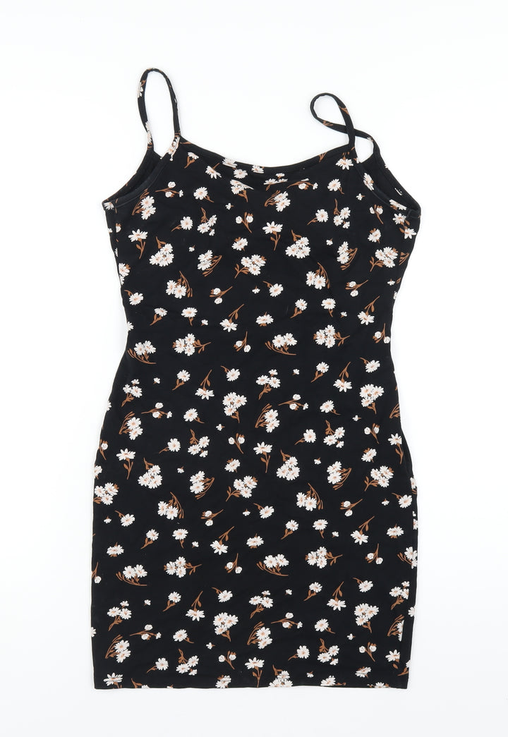 Miss Selfridge Womens Black Floral Cotton Bodycon Size 10 Square Neck Pullover