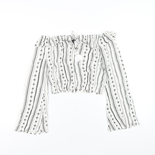 H&M Womens White Geometric Viscose Basic T-Shirt Size 4 Off the Shoulder