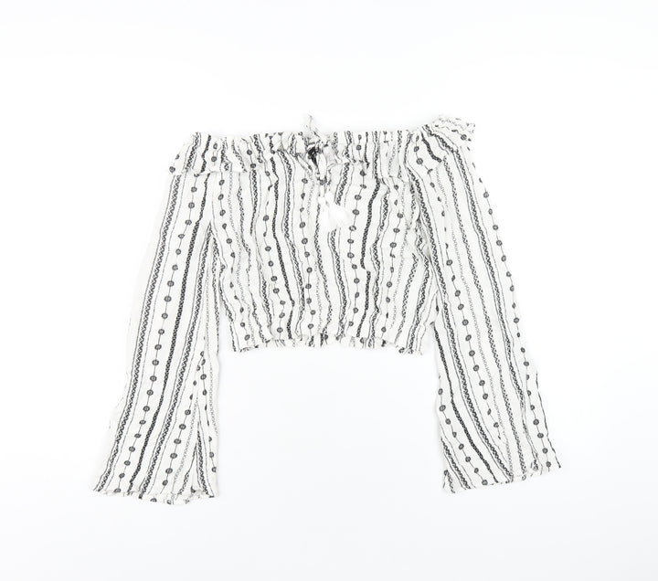 H&M Womens White Geometric Viscose Basic T-Shirt Size 4 Off the Shoulder