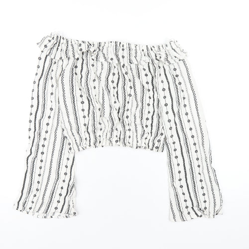 H&M Womens White Geometric Viscose Basic T-Shirt Size 4 Off the Shoulder