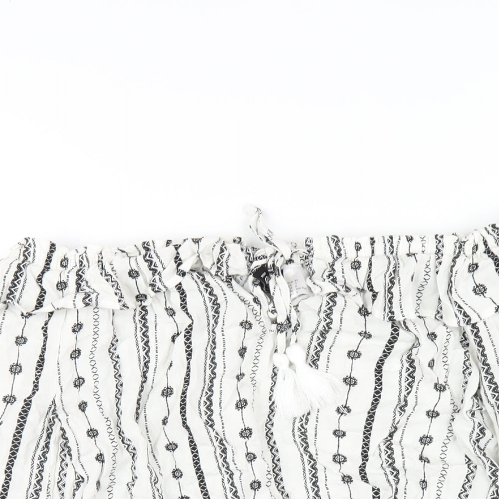 H&M Womens White Geometric Viscose Basic T-Shirt Size 4 Off the Shoulder