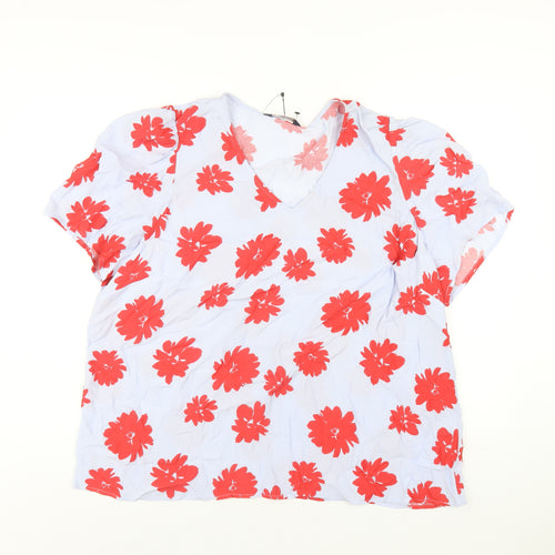 Marks and Spencer Womens Blue Floral Viscose Basic T-Shirt Size 22 V-Neck