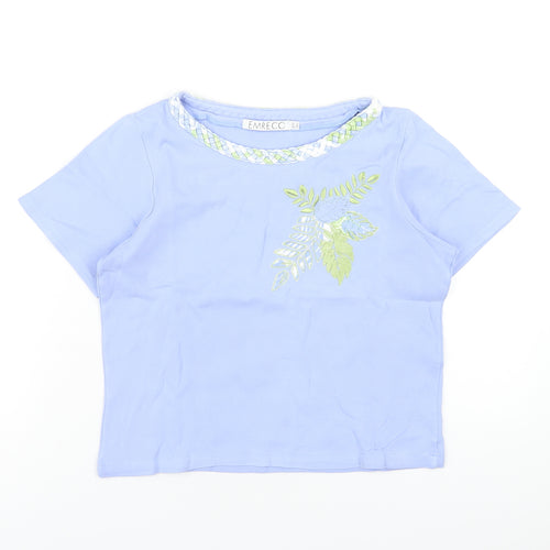 Emreco Womens Blue Geometric Cotton Basic T-Shirt Size 12 Round Neck