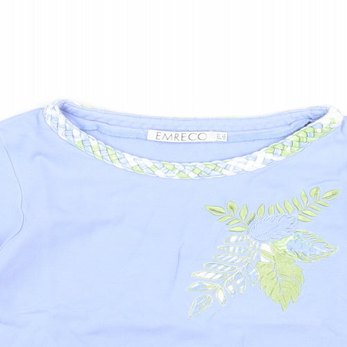 Emreco Womens Blue Geometric Cotton Basic T-Shirt Size 12 Round Neck