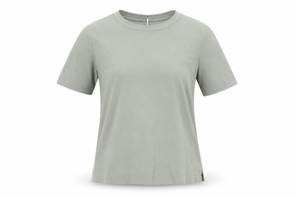 Front view of Marks & Spencer women’s green polyester basic t-shirt, size UK 10, round neck