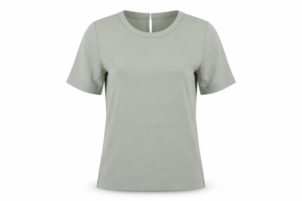Front view of Marks & Spencer women’s green polyester basic t-shirt, size UK 12, round neck