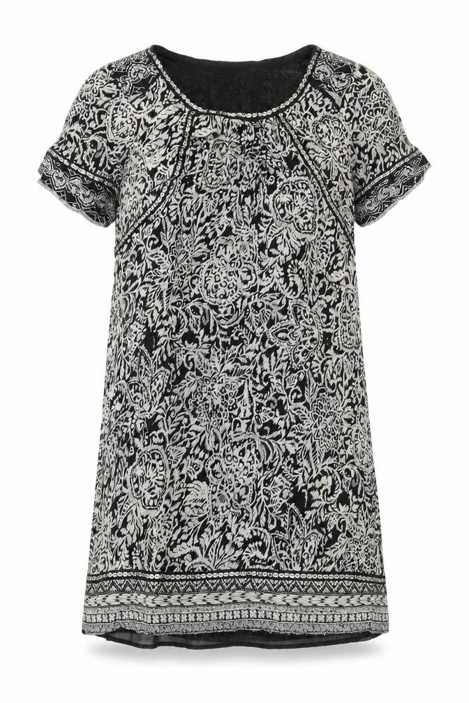 Front view of Monsoon women’s black geometric polyester a-line, size UK 12, round neck pullover