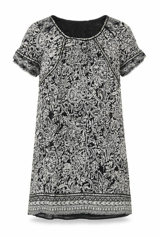 Front view of Monsoon women’s black geometric polyester a-line, size UK 12, round neck pullover