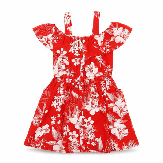 Front view of Next girls’ red geometric polyester a-line, size 4, years off the shoulder pullover