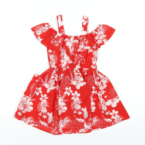 NEXT Girls Red Geometric Polyester A-Line Size 4 Years Off the Shoulder Pullover