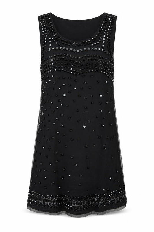 Front view of MODO women’s black polyester a-line, size UK 12, round neck pullover - beaded