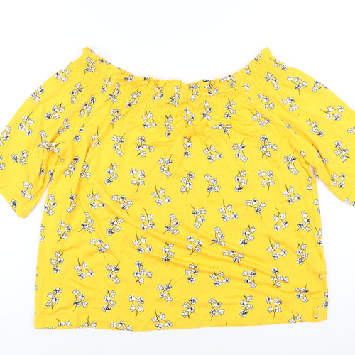 Marks and Spencer Womens Yellow Floral Viscose Basic T-Shirt Size 14 Off the Shoulder