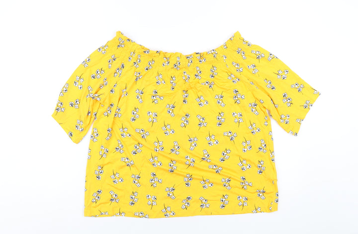 Marks and Spencer Womens Yellow Floral Viscose Basic T-Shirt Size 14 Off the Shoulder