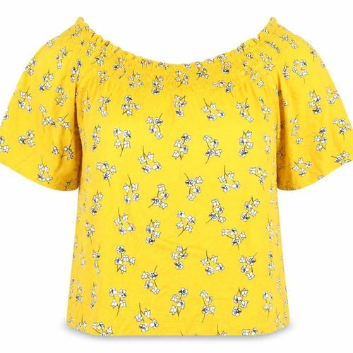Marks and Spencer Womens Yellow Floral Viscose Basic T-Shirt Size 14 Off the Shoulder