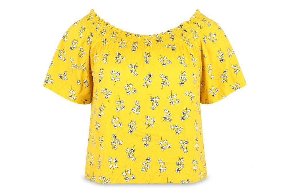 Marks and Spencer Womens Yellow Floral Viscose Basic T-Shirt Size 14 Off the Shoulder