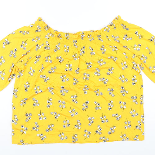 Marks and Spencer Womens Yellow Floral Viscose Basic T-Shirt Size 14 Off the Shoulder