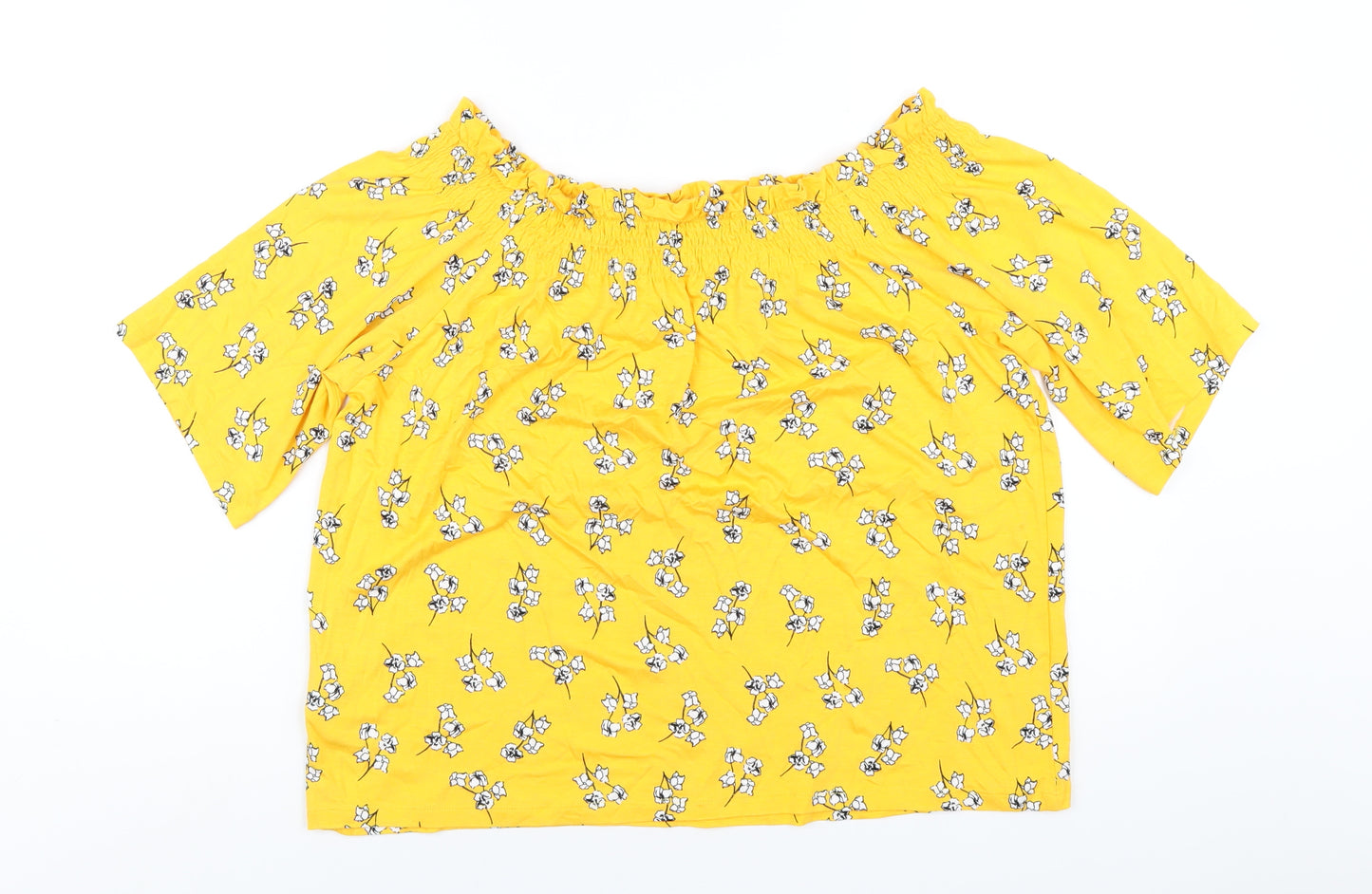 Marks and Spencer Womens Yellow Floral Viscose Basic T-Shirt Size 14 Off the Shoulder
