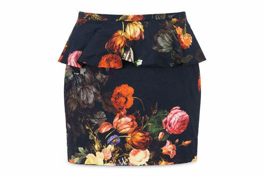 Front view of Oasis women’s multicoloured floral cotton a-line skirt, size UK 12, zip - peplum