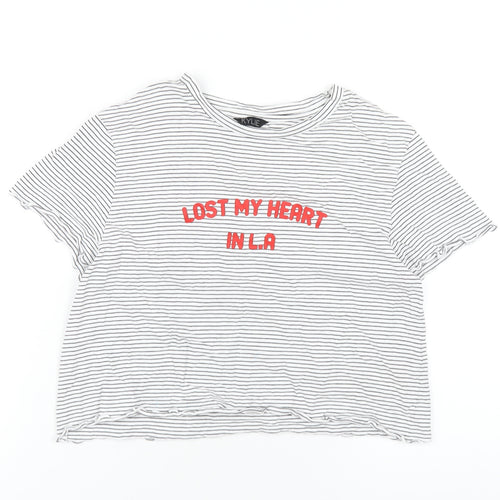 M&Co Girls White Striped Cotton Cropped T-Shirt Size 13 Years Round Neck Pullover