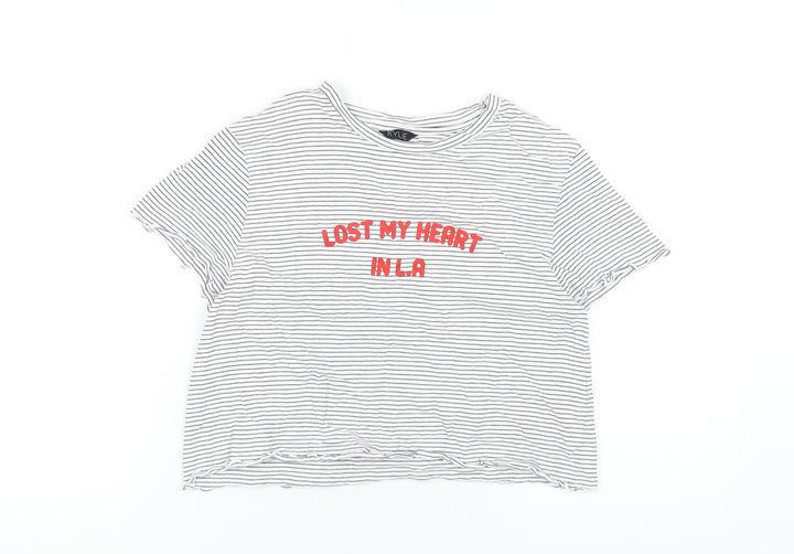 M&Co Girls White Striped Cotton Cropped T-Shirt Size 13 Years Round Neck Pullover