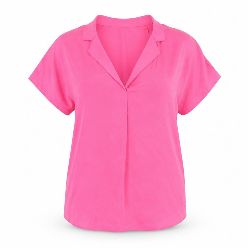 Front view of Marks & Spencer women’s pink polyester basic t-shirt, size UK 6, collared