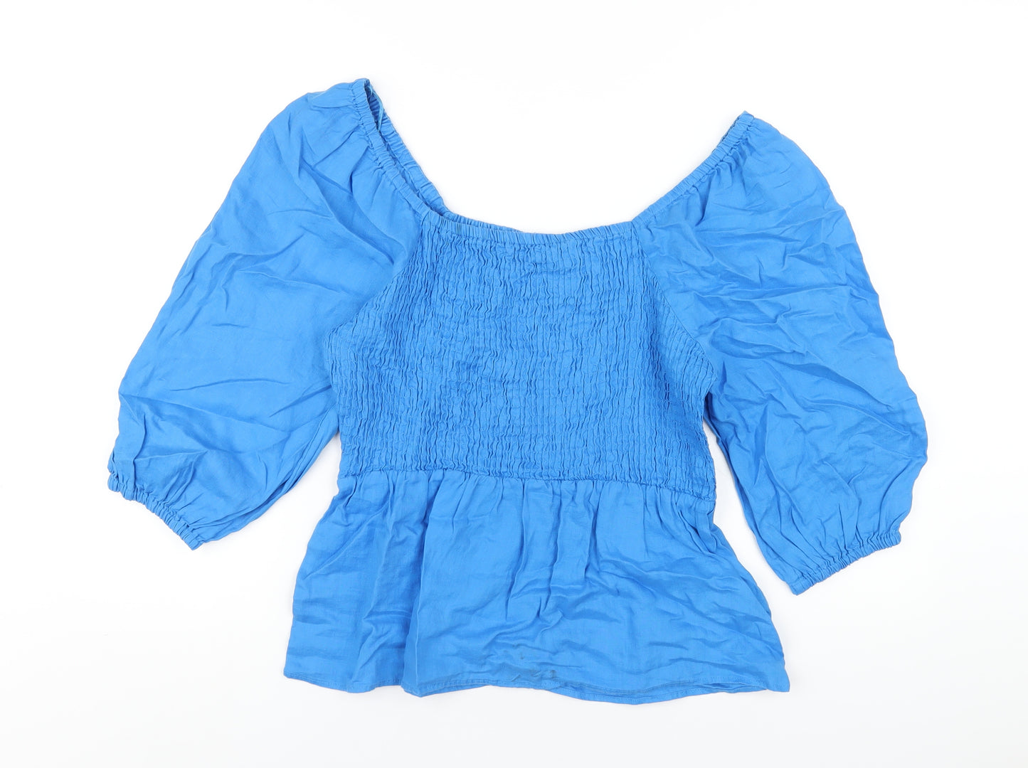 Marks and Spencer Womens Blue Linen Basic T-Shirt Size 12 Scoop Neck