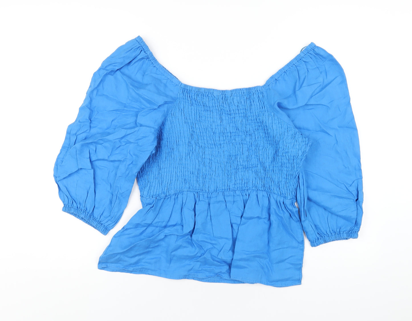 Marks and Spencer Womens Blue Linen Basic T-Shirt Size 12 Scoop Neck