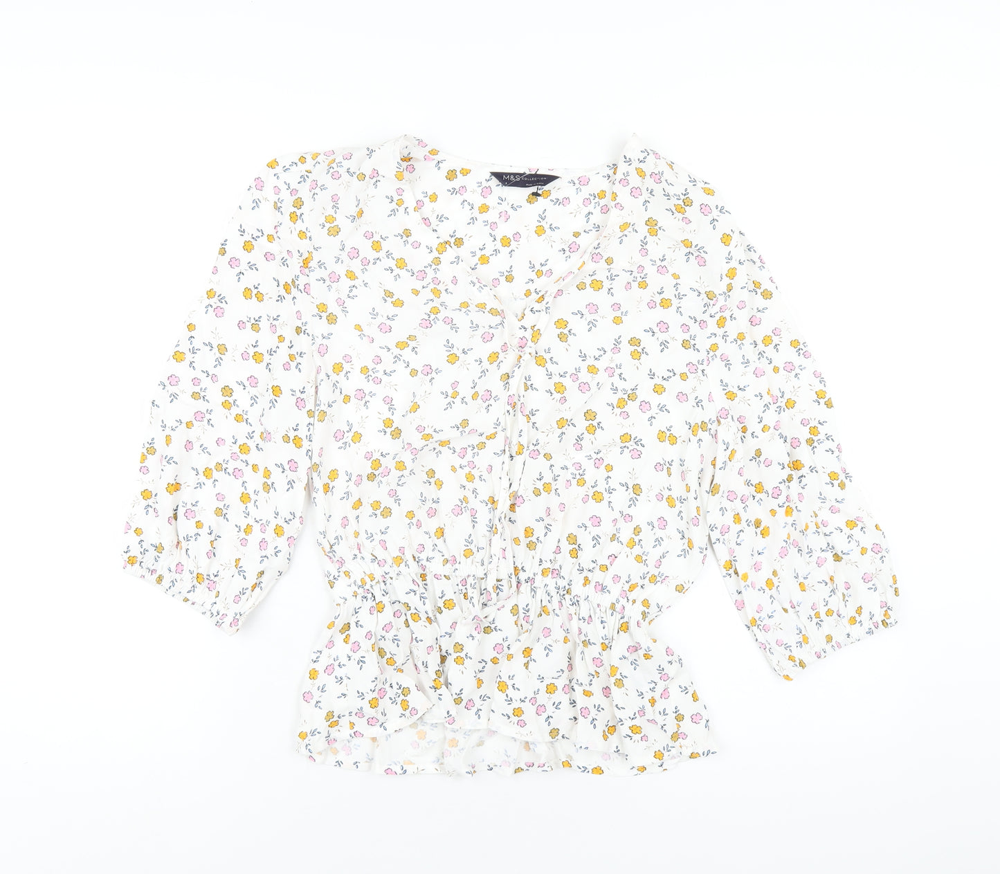 Marks and Spencer Womens White Floral Viscose Basic Blouse Size 8 V-Neck
