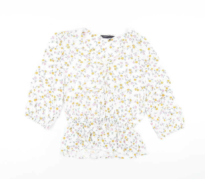Marks and Spencer Womens White Floral Viscose Basic Blouse Size 8 V-Neck