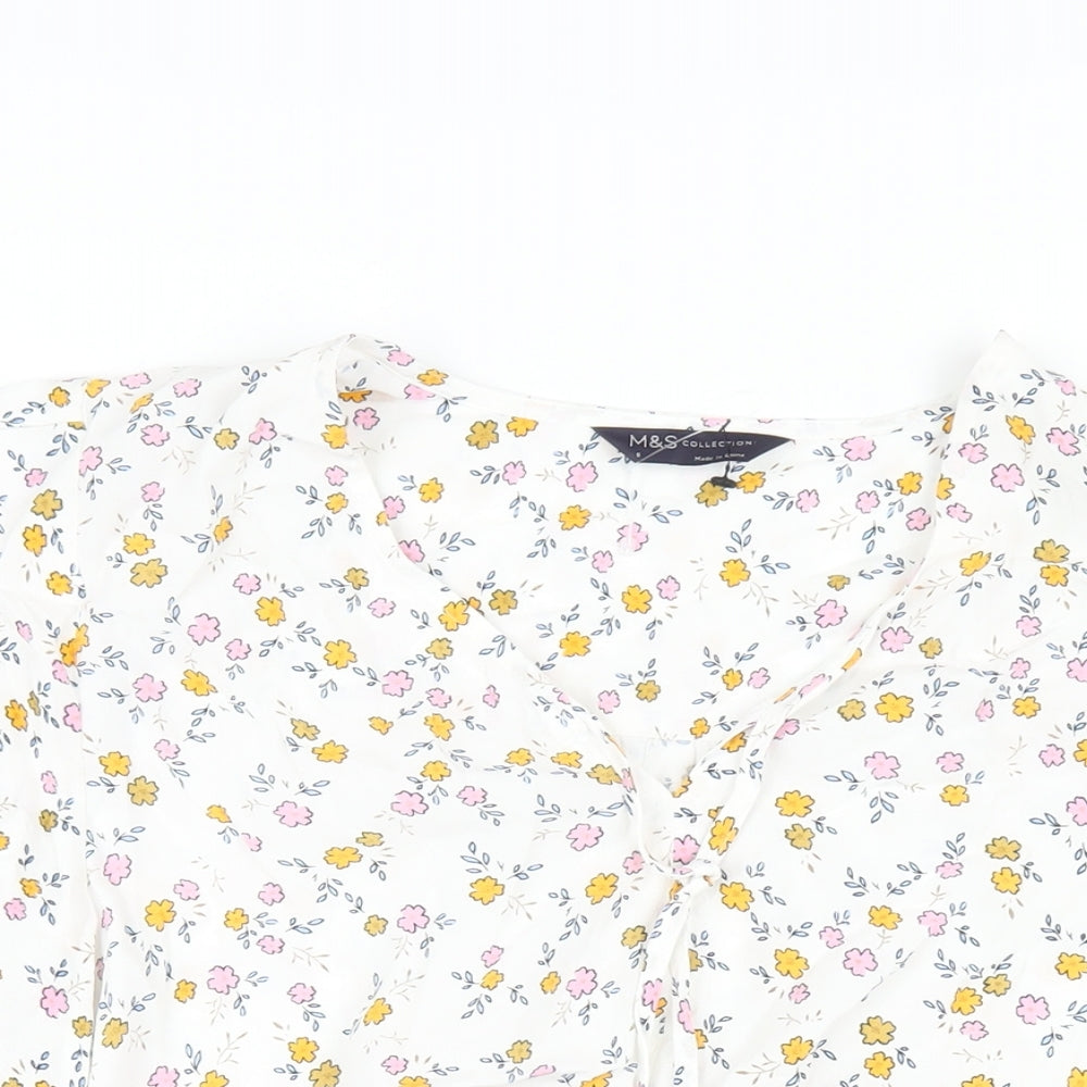 Marks and Spencer Womens White Floral Viscose Basic Blouse Size 8 V-Neck